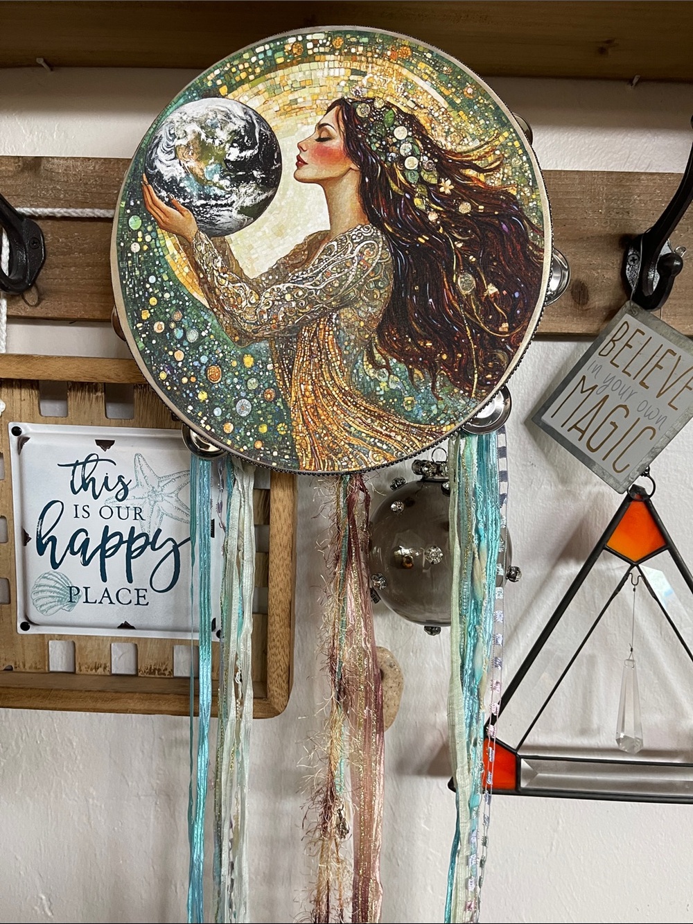 Decorative Round Tambourine with Woman Holding Earth - Green, Gold, Brown 10” - Picture 4 of 6